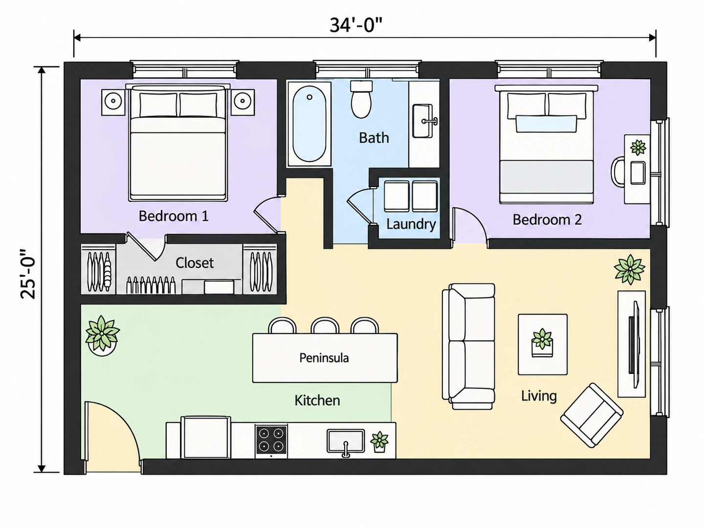 850 sq ft two-bedroom apartment in Colored 2D, from an empty outline — After