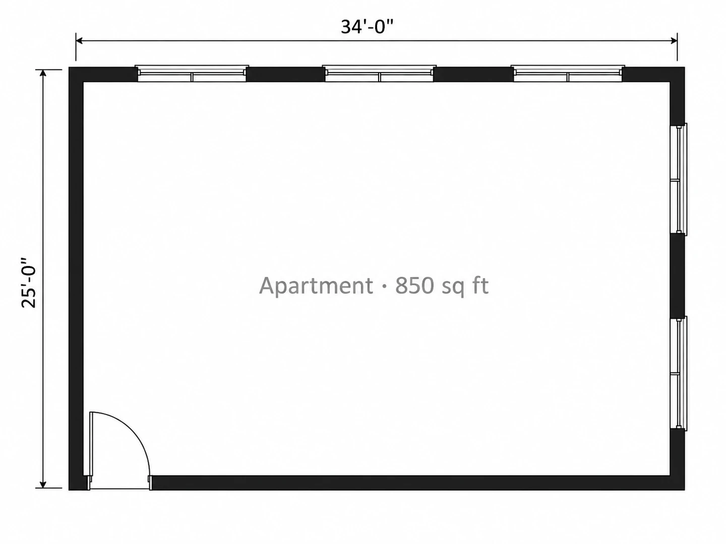 850 sq ft two-bedroom apartment in Colored 2D, from an empty outline — Before