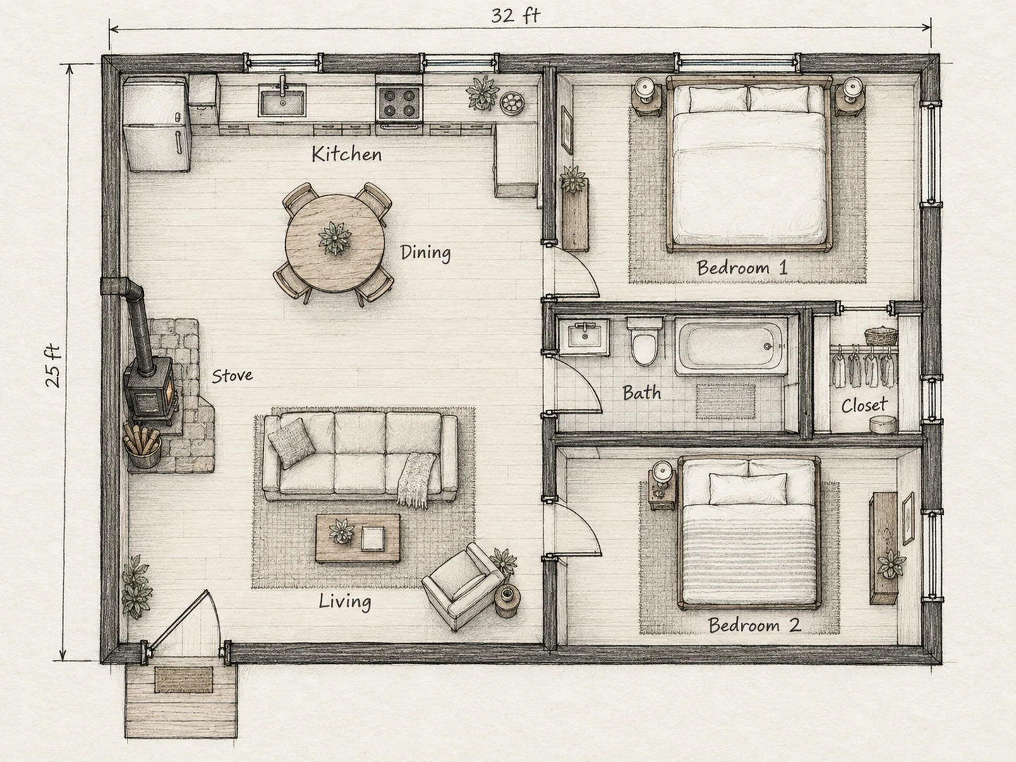 800 sq ft cabin with a wood stove, as a hand-drawn sketch — After
