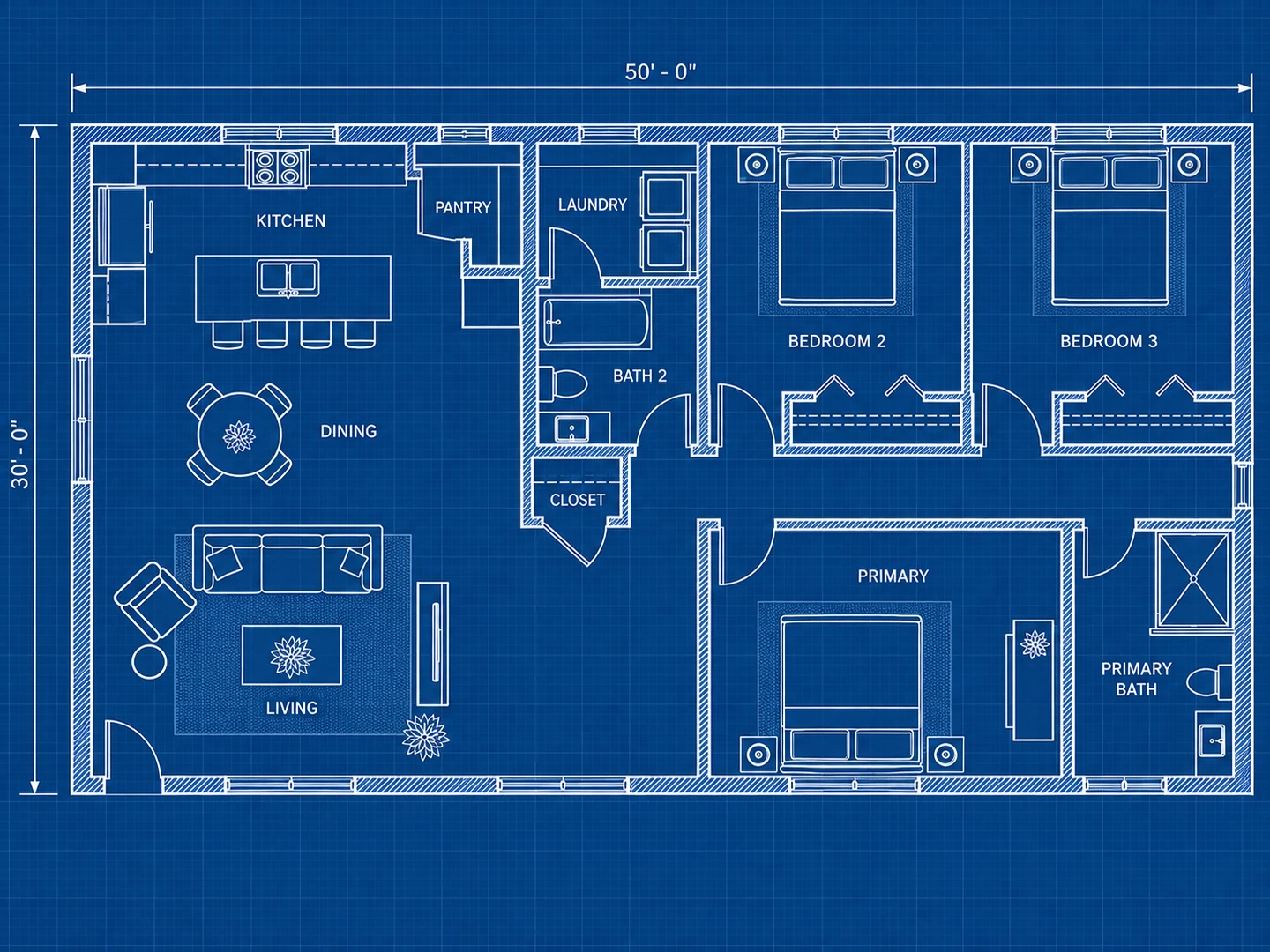 The same 3-bedroom house redrawn as a 2D blueprint with white lines on blue