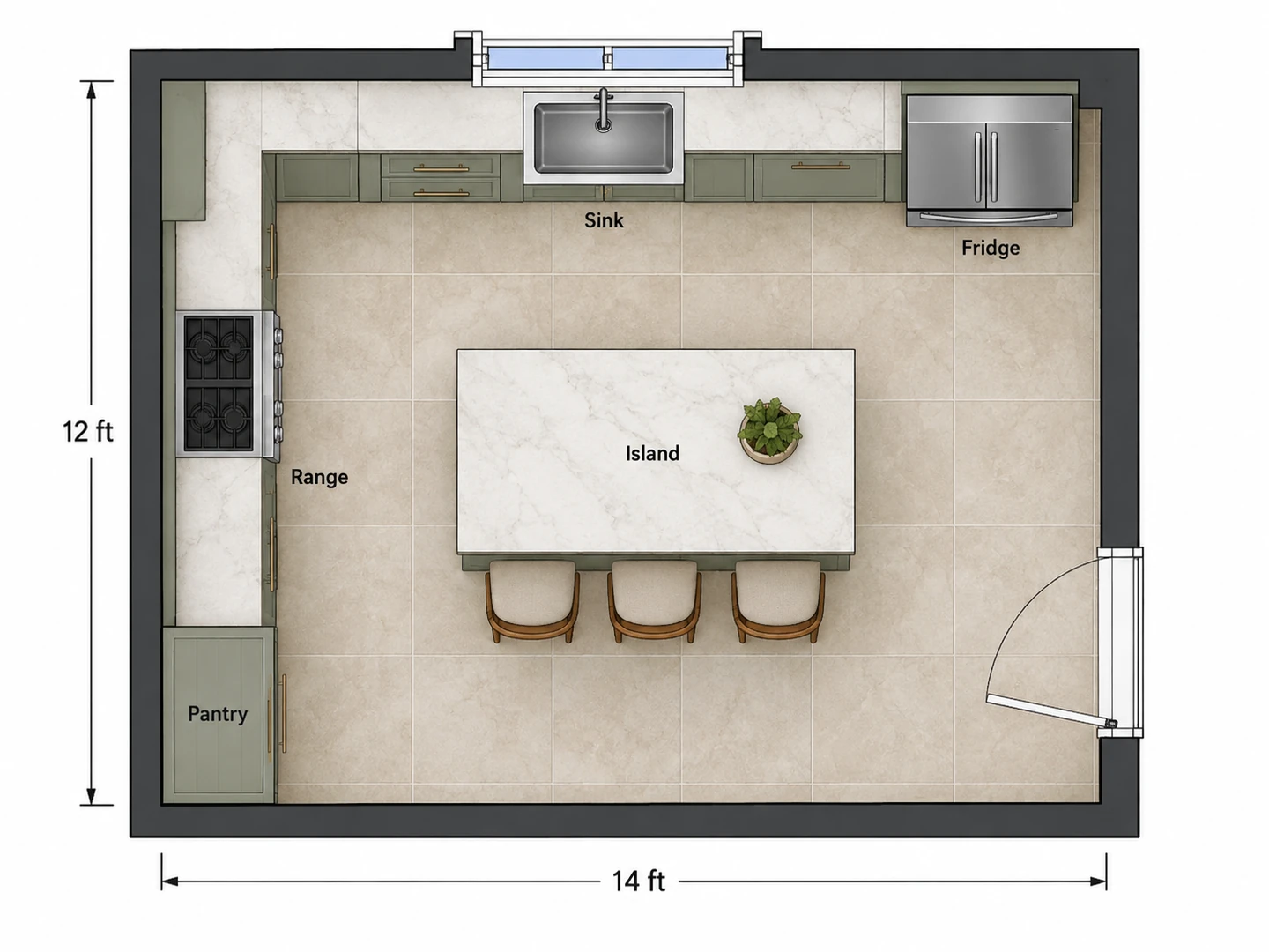 2D kitchen floor plan of a 14 by 12 ft L-shaped kitchen with an island, sink under the window and a pantry