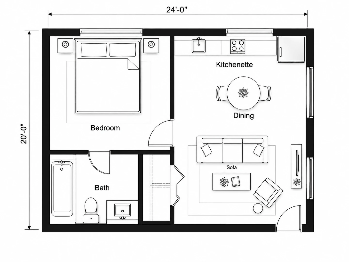 Technical 2D floor plan of a 480 sq ft backyard ADU with a bedroom, bath, kitchenette and living area