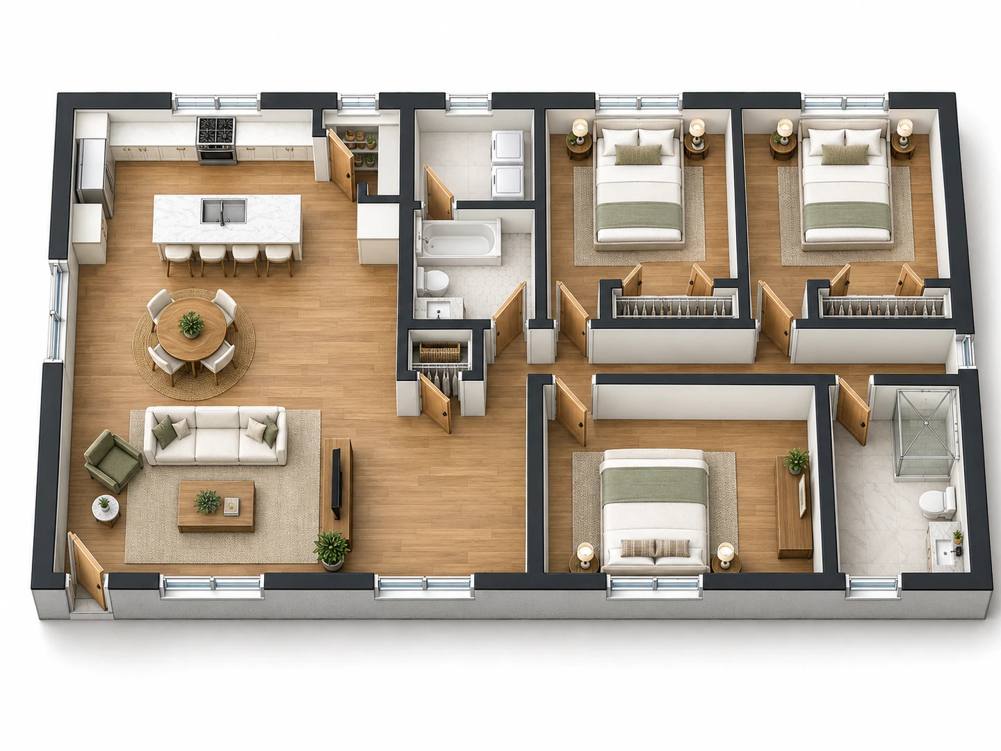 3D isometric view of the 3-bedroom house made from its 2D floor plan