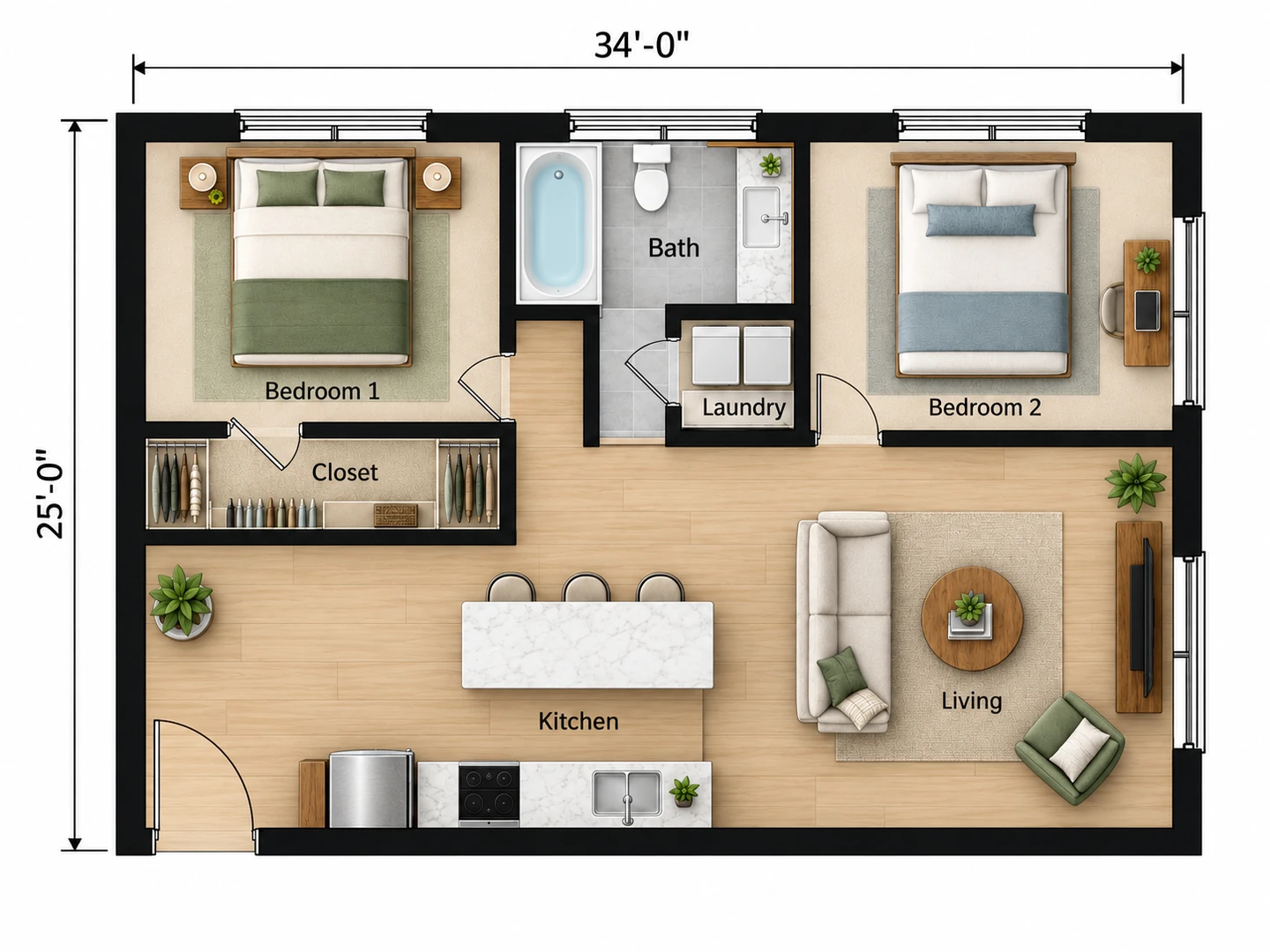 Furnished 2D floor plan of a two-bedroom apartment with a peninsula kitchen and living room