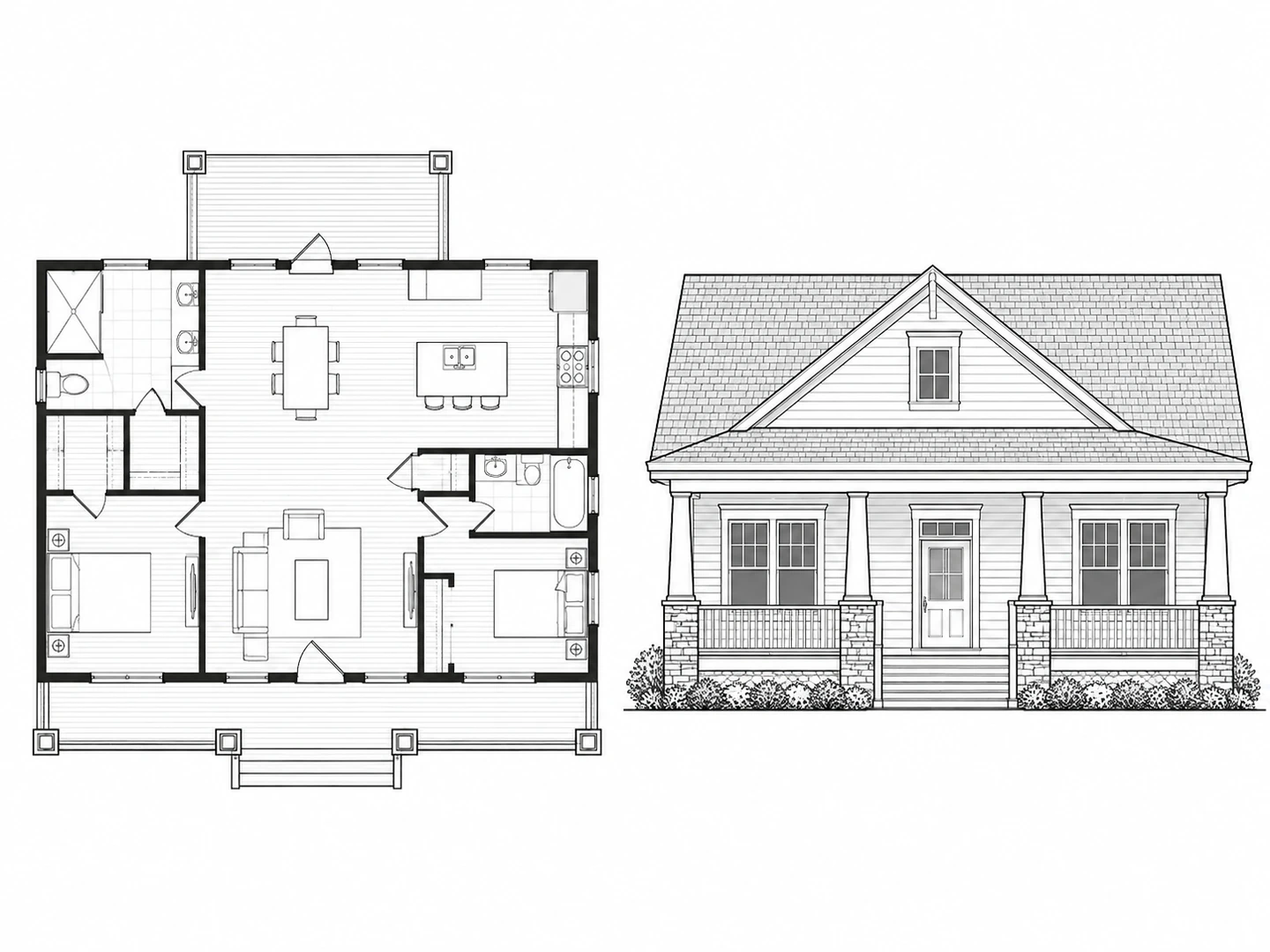 Floor plan with a matching front elevation drawing