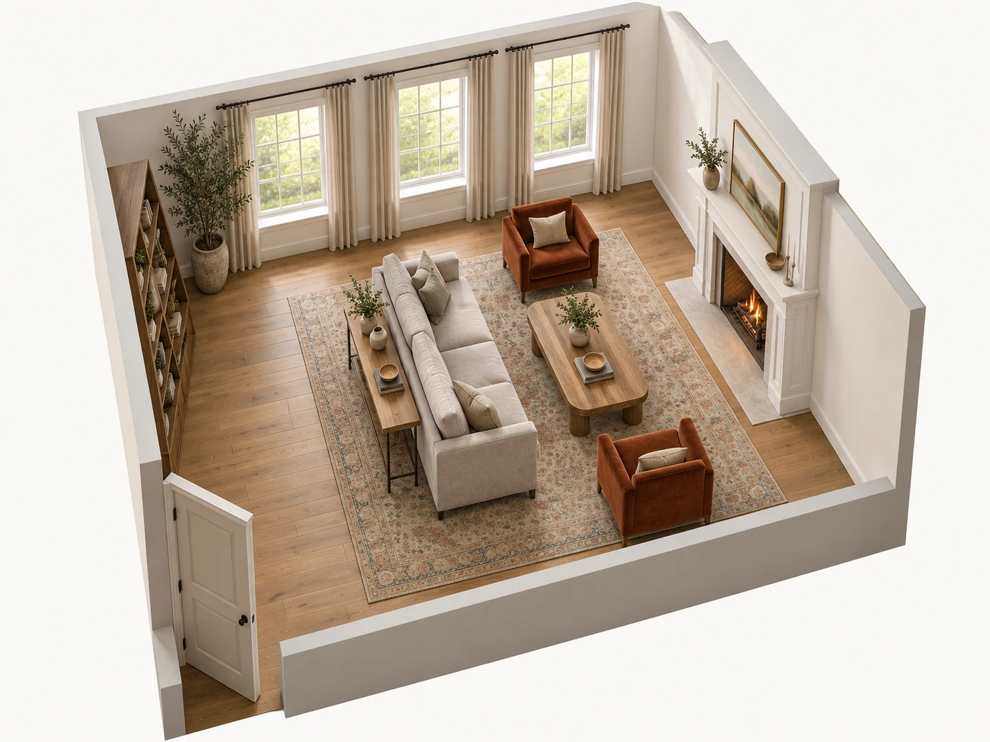 18×14 ft living room arranged around the fireplace — After