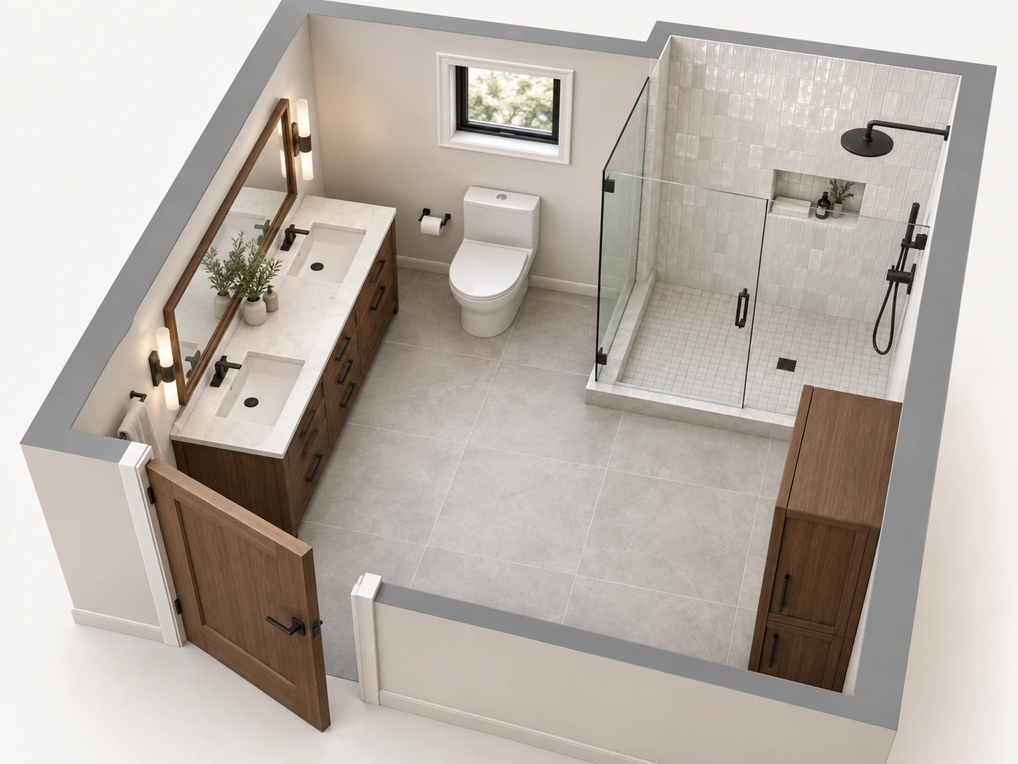 8×10 ft bathroom with a double vanity and a walk-in shower — After