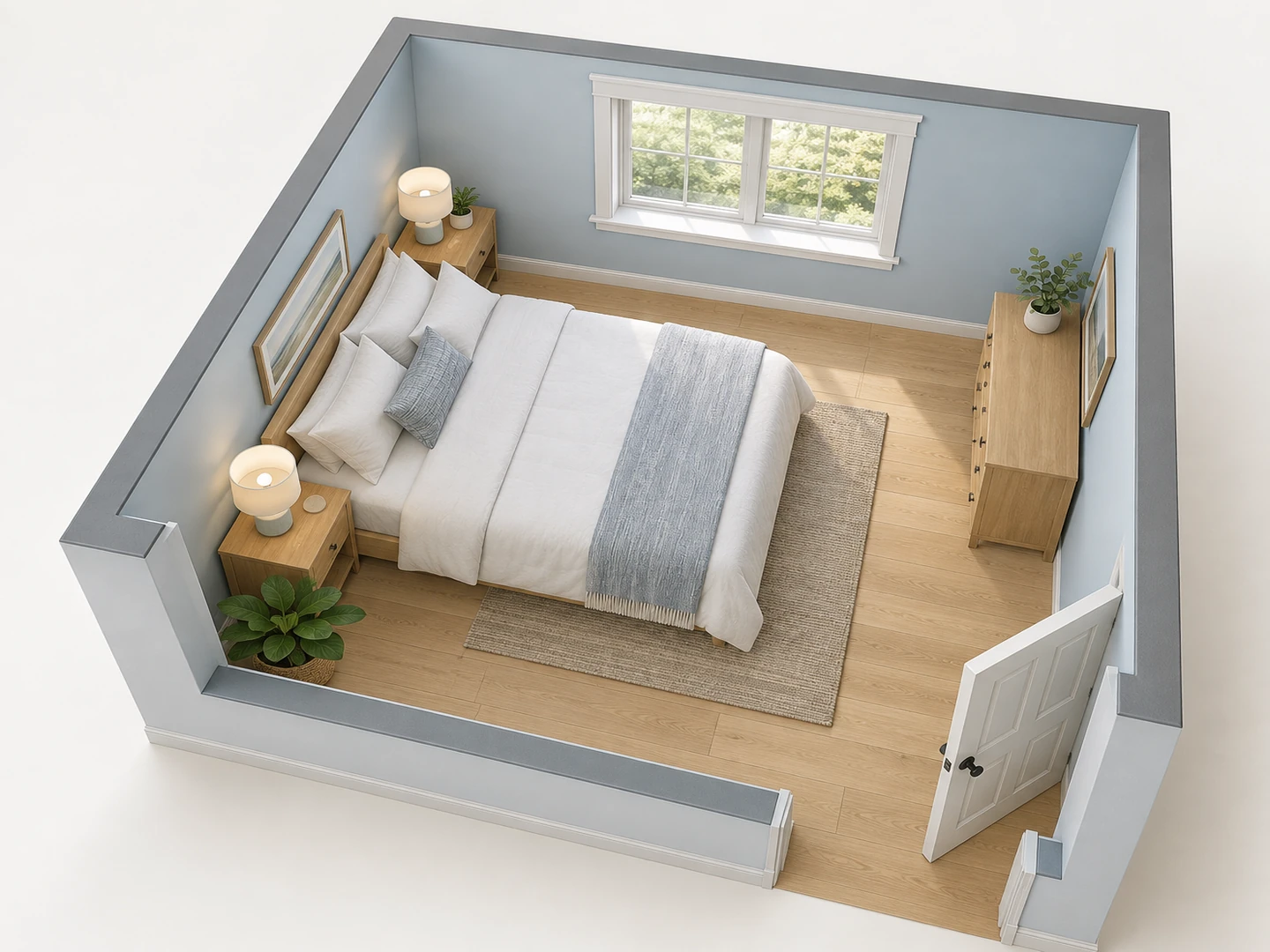 3D bedroom plan of a 10 by 11 ft guest room with a full bed, nightstands and a dresser