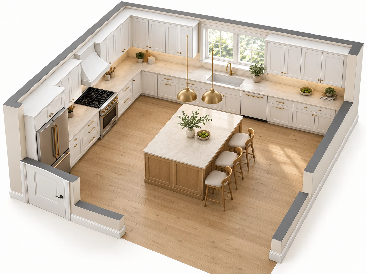3D isometric view of a 12 by 14 ft L-shaped kitchen with an island and three stools