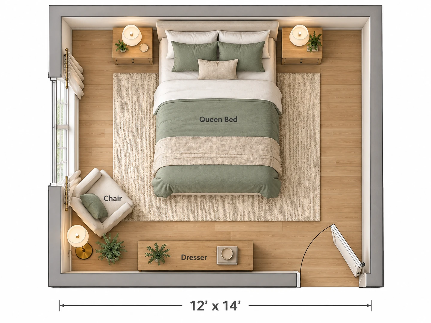The same 12 by 14 ft bedroom drawn as a furnished 2D floor plan