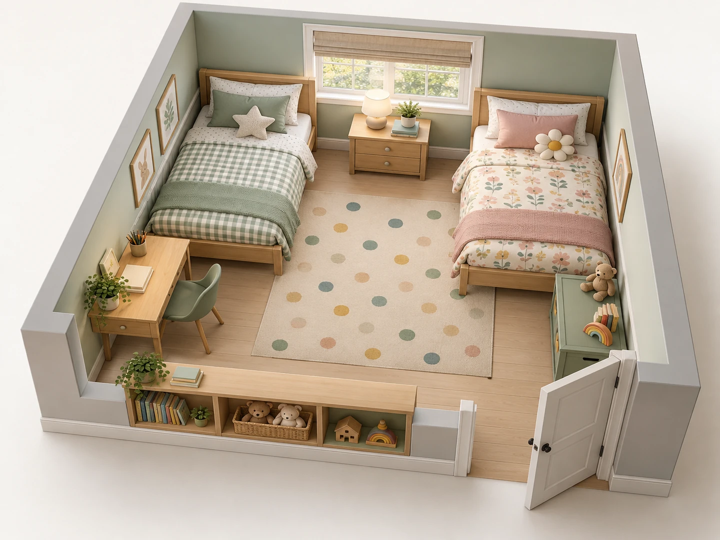 3D isometric view of an 11 by 12 ft shared kids room with two twin beds, a desk and a play rug