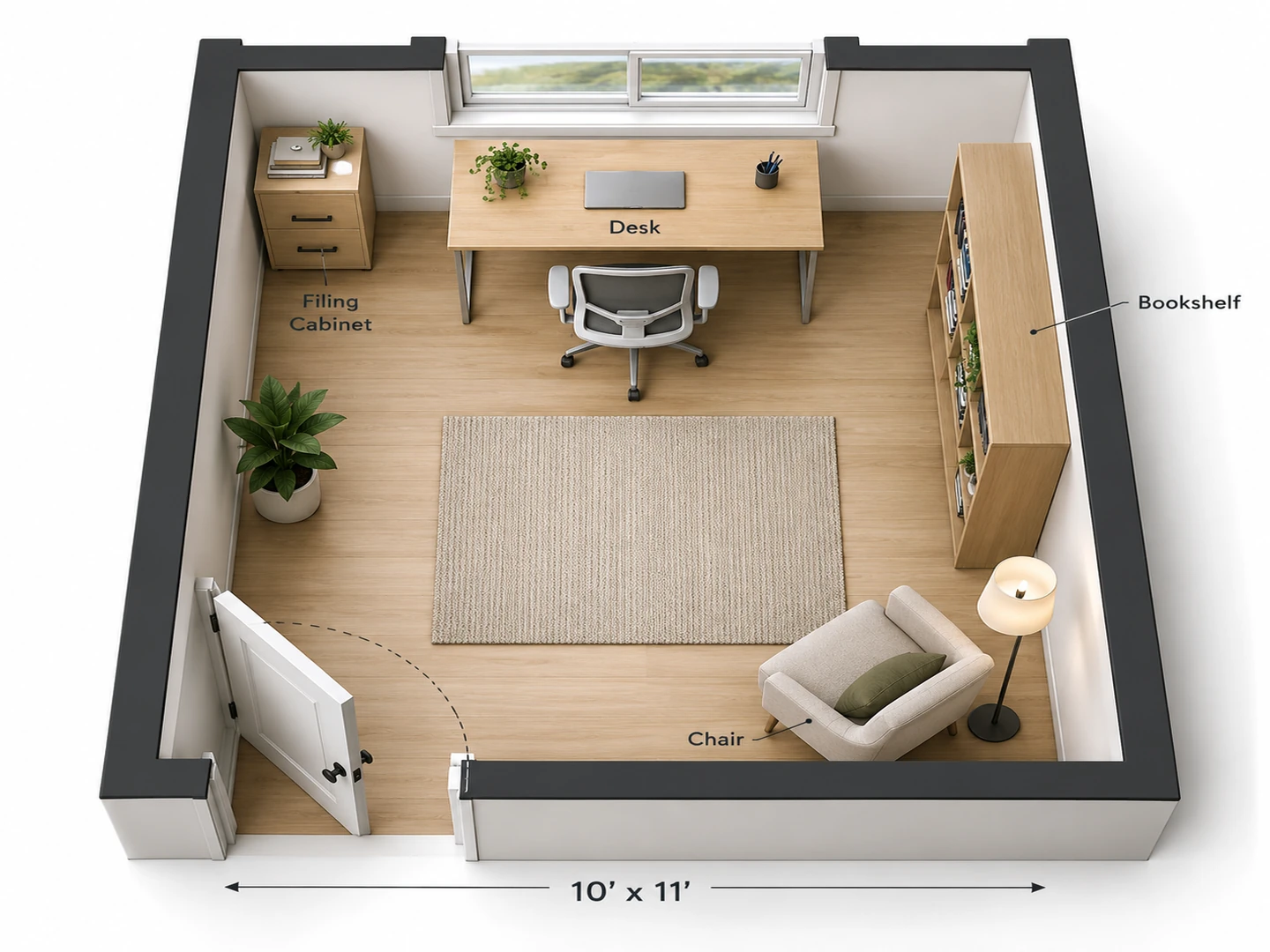 2.5D view of a 10 by 11 ft home office made with the 3D room planner