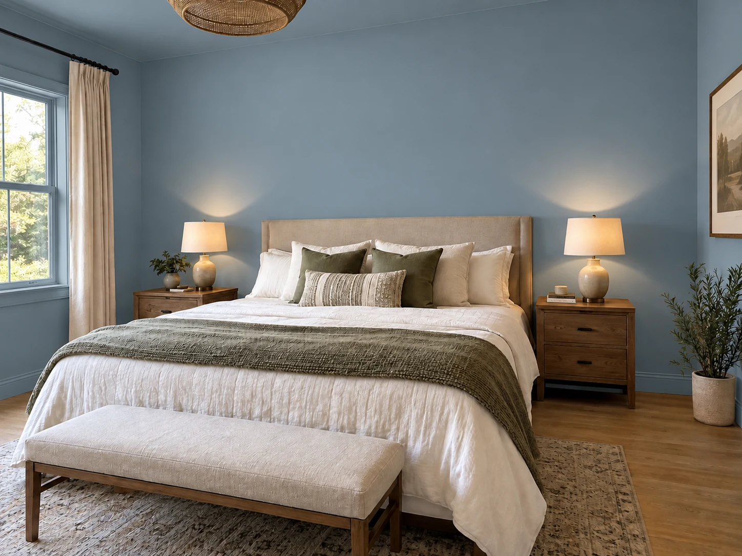 A bedroom color-drenched in dusty blue on the walls, ceiling and trim