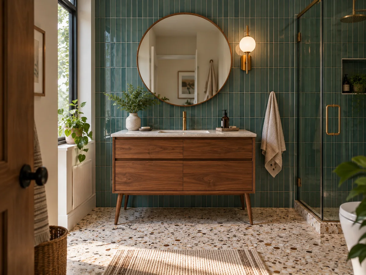 A redesigned bathroom showing new wall tile, floor tile and vanity together
