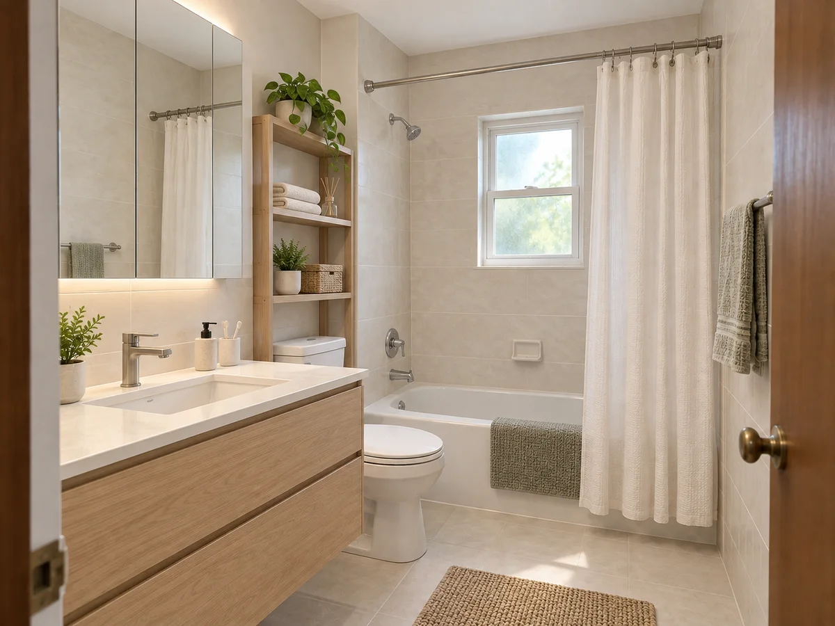 A small bathroom redesigned with pale finishes and wall-hung storage