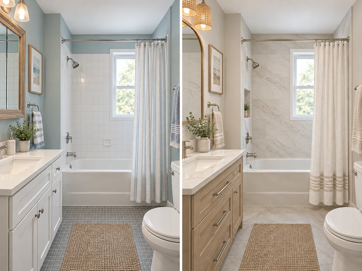 One bathroom with a light refresh next to a full remodel concept