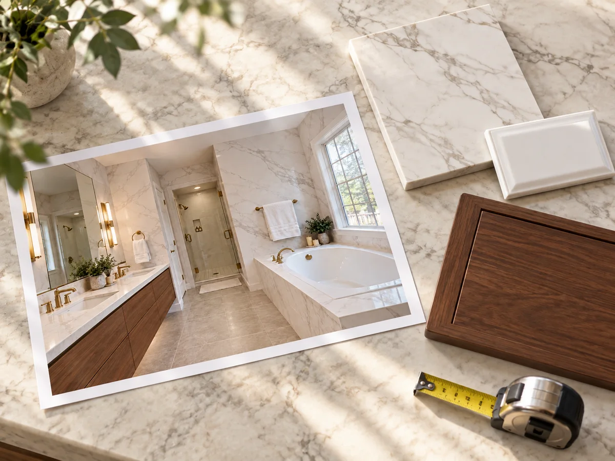 A printed bathroom concept beside tile and vanity finish samples