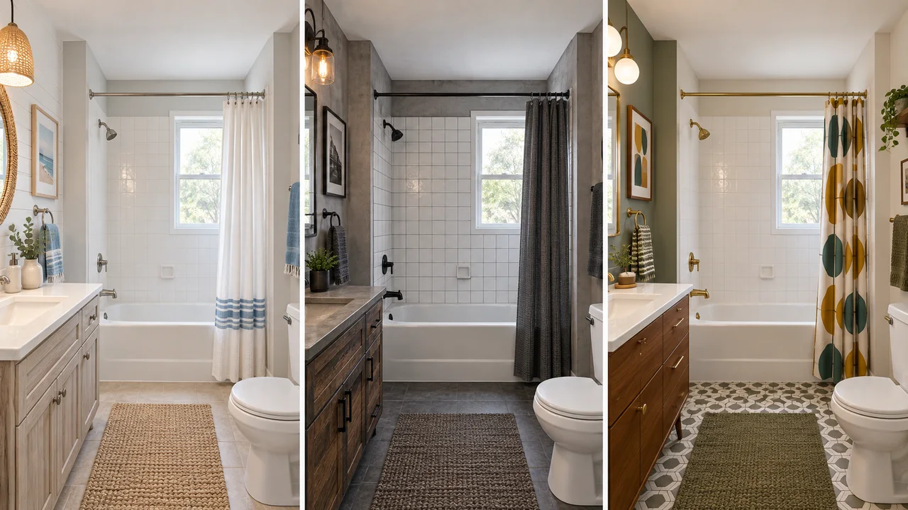 Illustrative concept: one bathroom shown in three styles