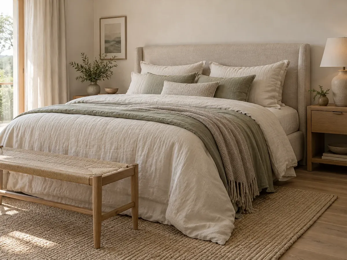 Illustrative AI concept: a cream master bedroom with an upholstered bed, layered linen bedding and a wooden bench at the foot