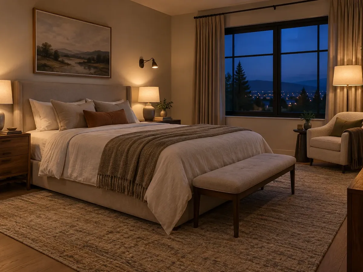 Illustrative AI concept: a transitional bedroom in warm greige at dusk, lit by bedside lamps and a wall sconce