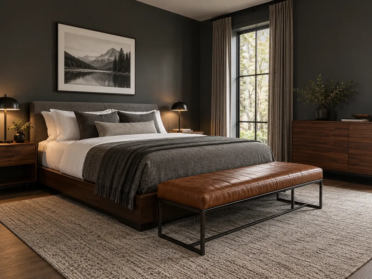 Illustrative AI concept: a masculine bedroom with charcoal walls, a dark walnut bed, wool bedding, a leather bench and black metal lamps
