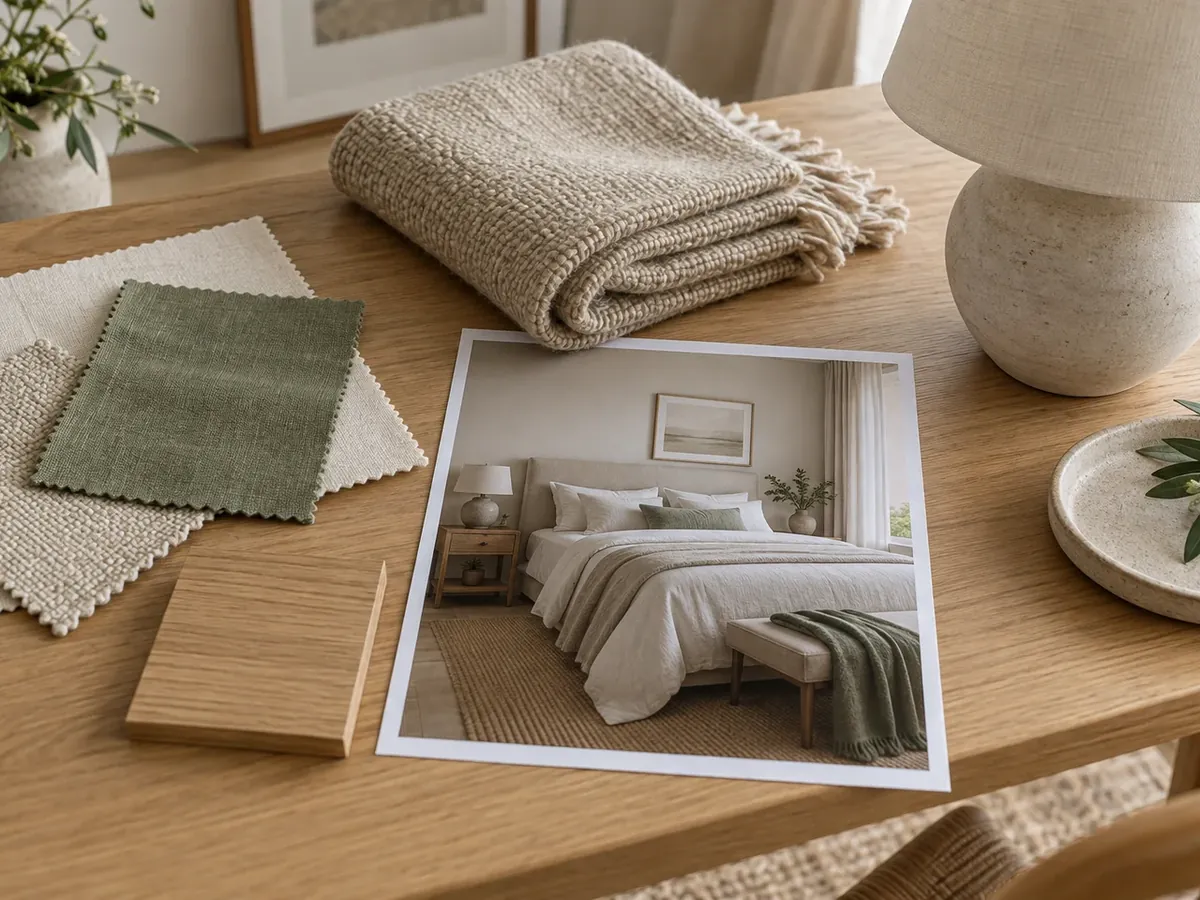 Illustrative AI concept: fabric swatches, a wood sample and a printed bedroom concept on a desk