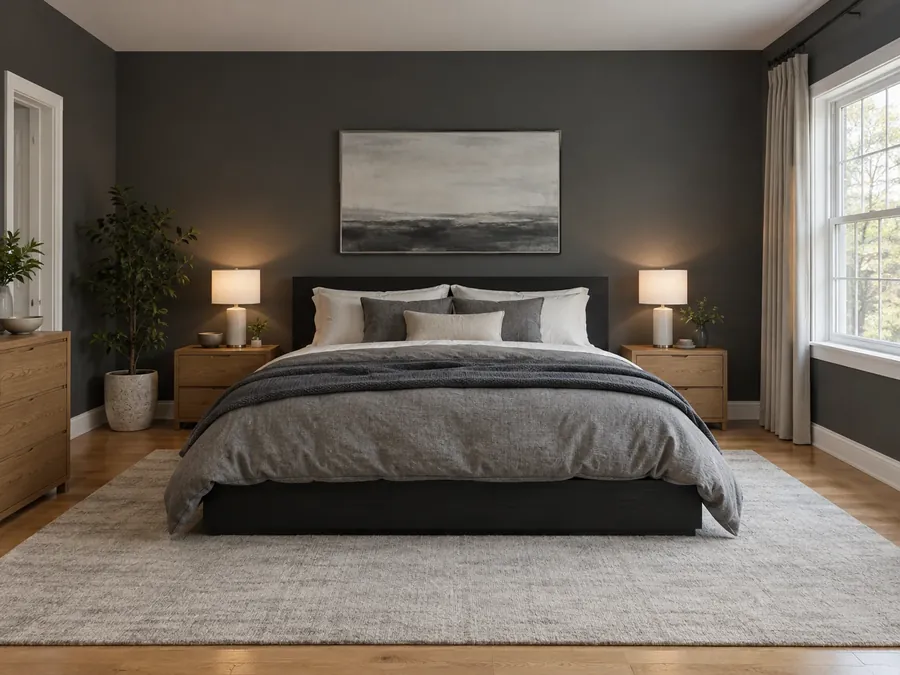 Illustrative AI concept: bedroom with charcoal walls, a low black bed frame, grey and warm white bedding, oak bedside tables and a pale grey rug