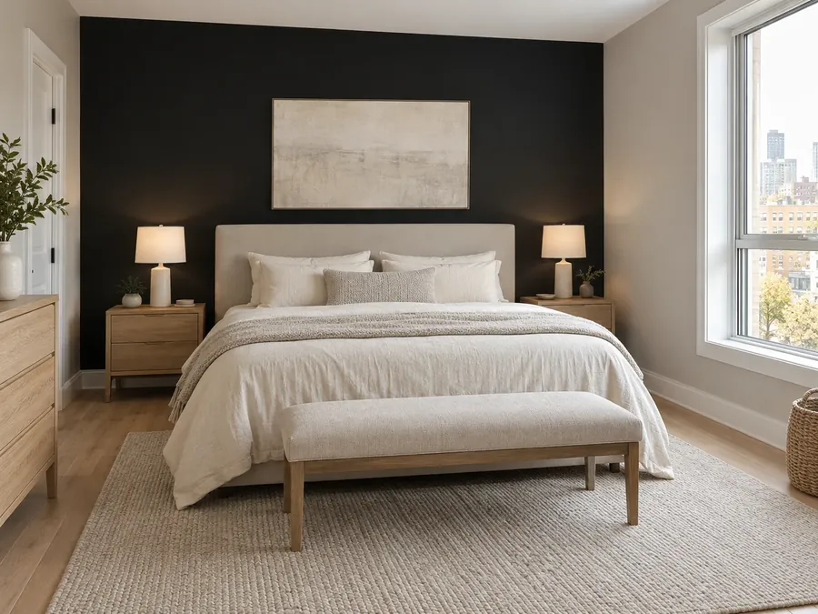 Illustrative AI concept: bedroom with a matte black wall behind the bed, greige side walls, cream bedding and oak bedside tables