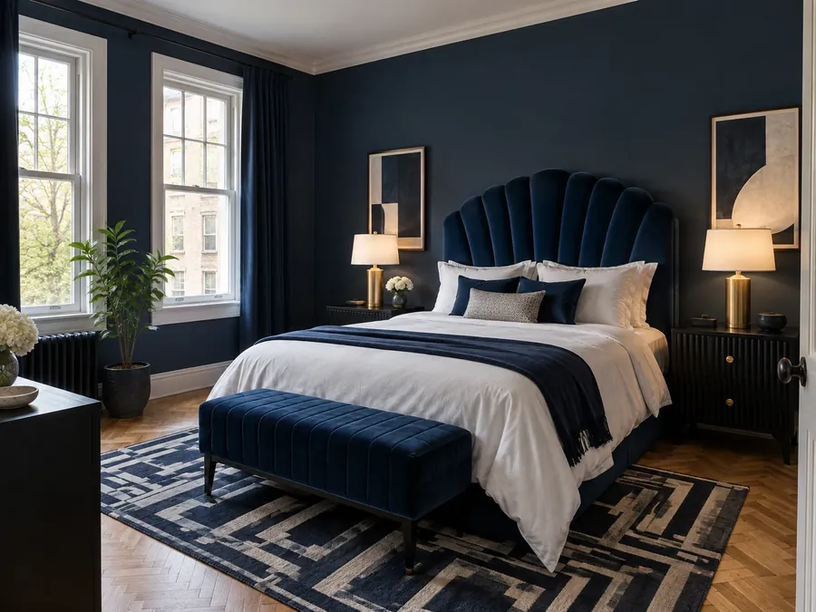 Illustrative AI concept: Art Deco bedroom with navy blue walls, a sapphire velvet headboard, black lacquer bedside tables, brass lamps and white bedding