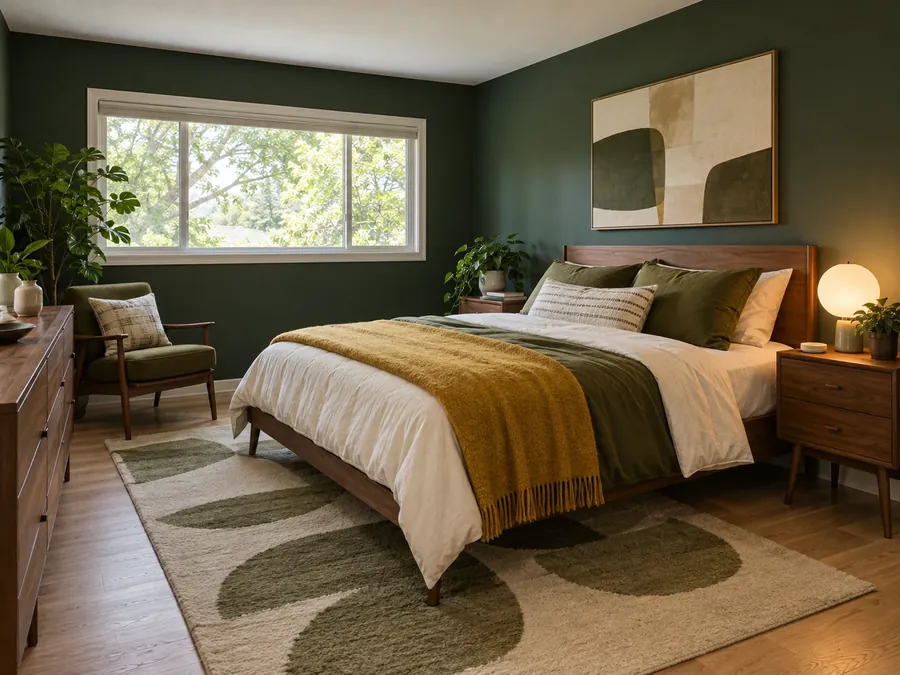 Illustrative AI concept: mid-century bedroom with forest green walls, a walnut bed on tapered legs, olive and warm white bedding and a mustard throw