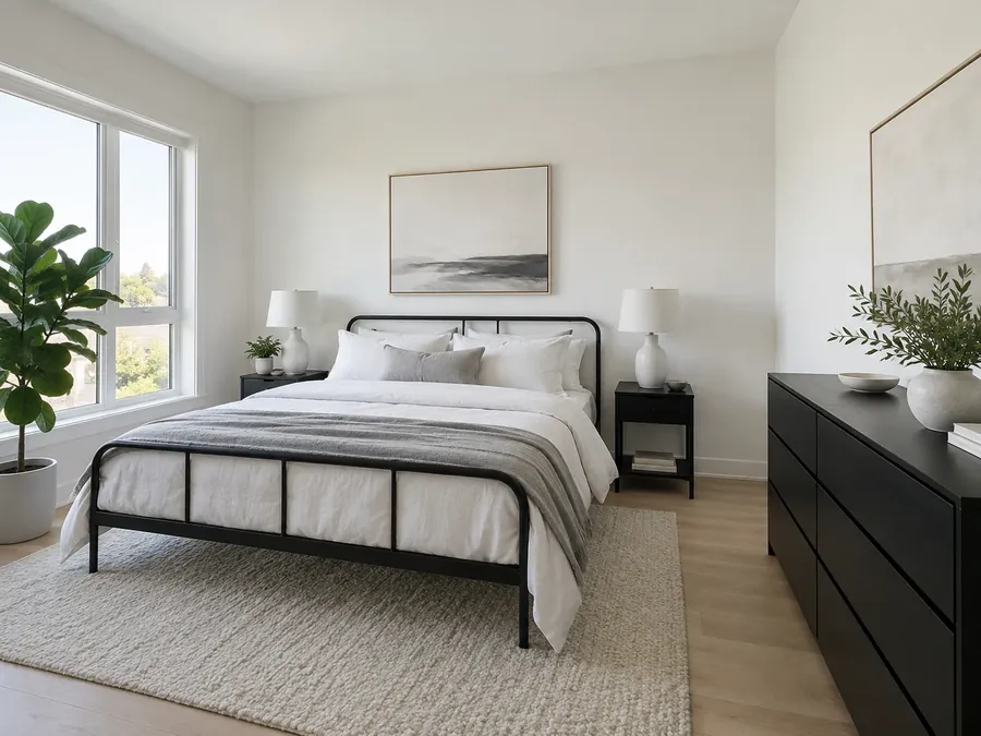 Illustrative AI concept: bright bedroom with white walls, a black metal bed frame, black bedside tables and dresser, linen bedding and a light oak floor