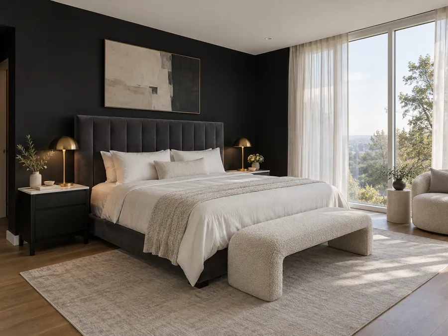 Illustrative AI concept: luxury black and gold bedroom with matte black walls, a charcoal velvet bed, brushed brass lamps, marble-topped bedside tables and warm white bedding