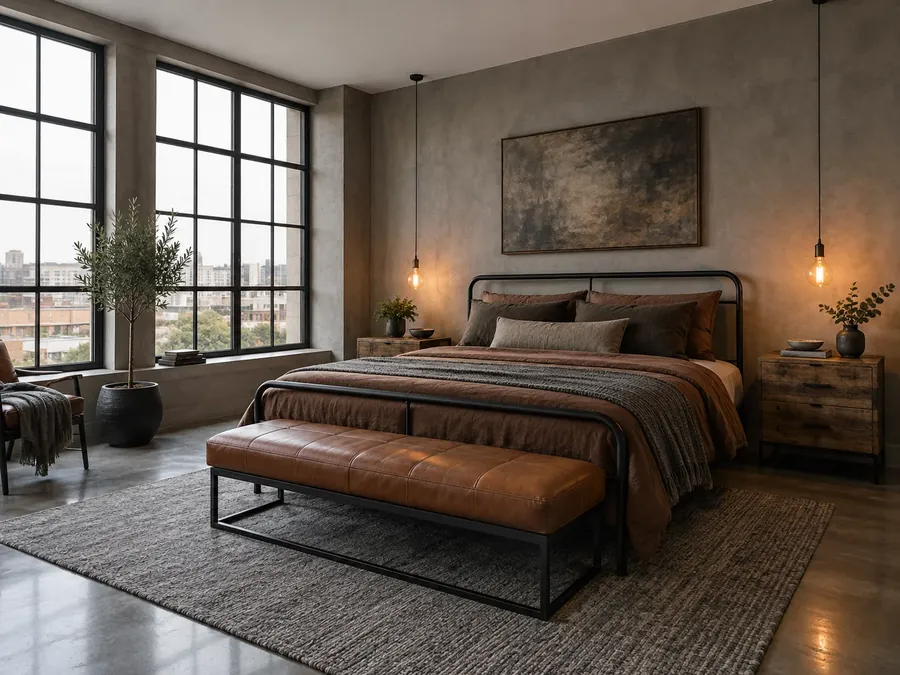 Illustrative AI concept: industrial bedroom with concrete-grey walls, a black metal bed, reclaimed wood bedside tables, a cognac leather bench and filament bulbs