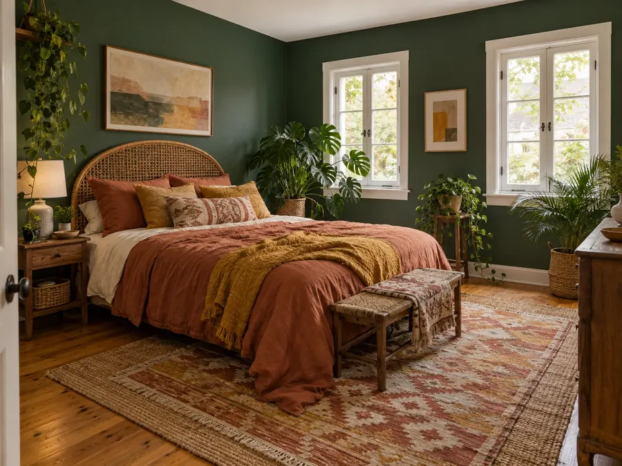 Illustrative AI concept: bohemian bedroom with forest green walls, terracotta and ochre bedding, a rattan headboard, layered rugs and green plants