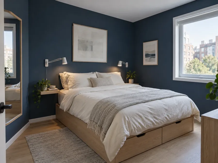 Illustrative AI concept: small bedroom with navy blue walls, a low bed with storage drawers, warm white bedding, wall-mounted reading lights and a large mirror