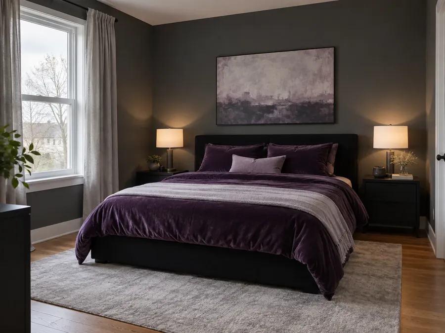 Illustrative AI concept: purple and black bedroom with charcoal walls, a black upholstered bed, deep plum velvet bedding, a lavender throw and black bedside tables