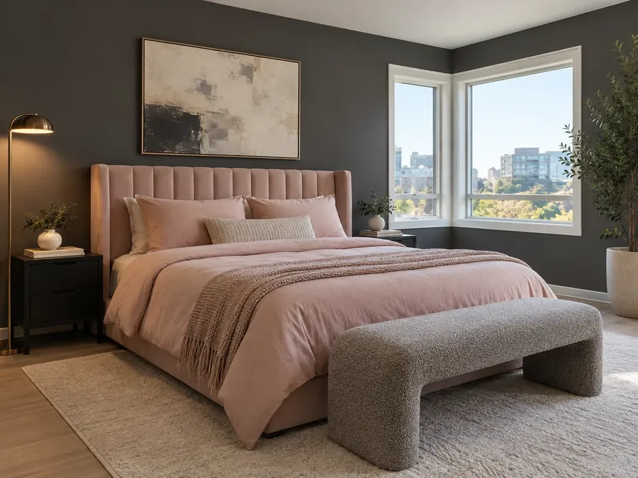 Illustrative AI concept: bedroom with charcoal walls, a blush pink velvet headboard and bedding, a grey bouclé bench, black bedside tables and a brass lamp