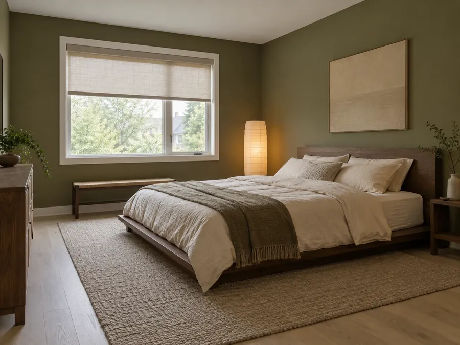 Illustrative AI concept: Japanese-style bedroom with olive green walls, a low dark walnut platform bed, sand and cream linen bedding and a paper floor lantern
