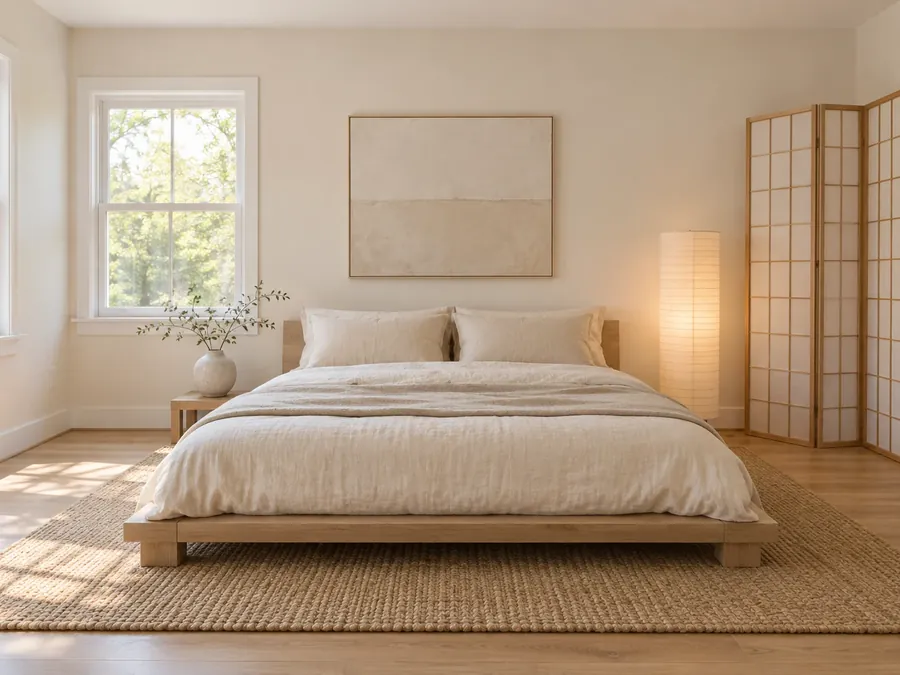 Illustrative AI concept: Japanese-style bedroom with warm white walls, a low pale oak platform bed, cream and oatmeal linen bedding, a paper floor lantern, a paper screen and a rush rug