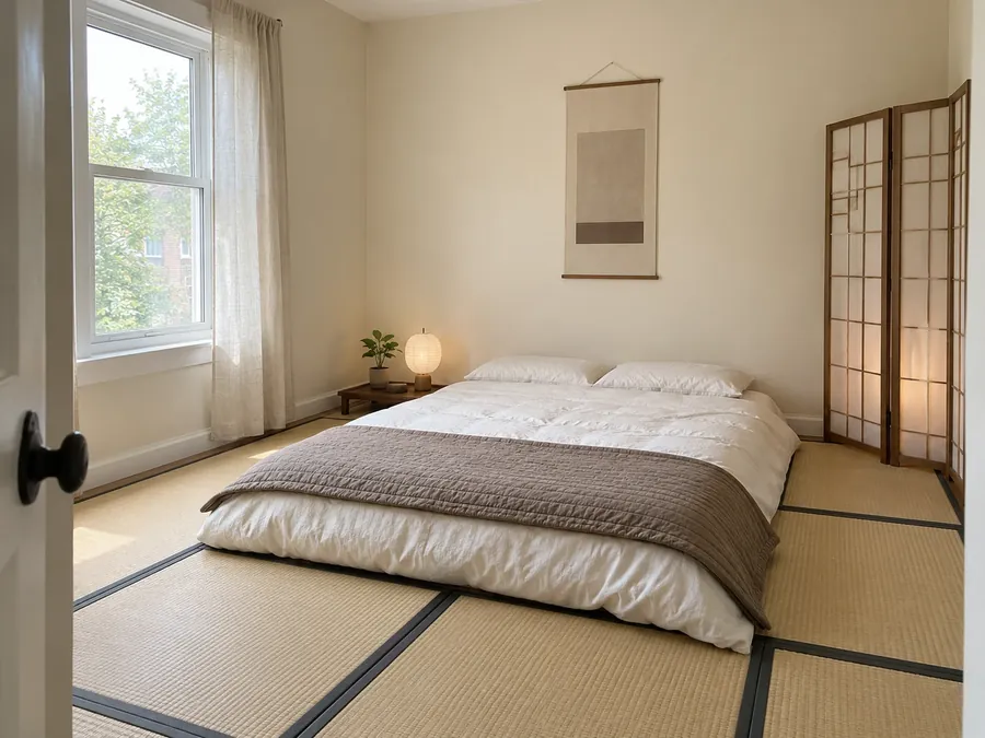 Illustrative AI concept: Japanese-style bedroom with tatami-style rush mats covering the floor, a cotton futon with a folded taupe quilt, a low wooden tray, a paper screen and cream walls