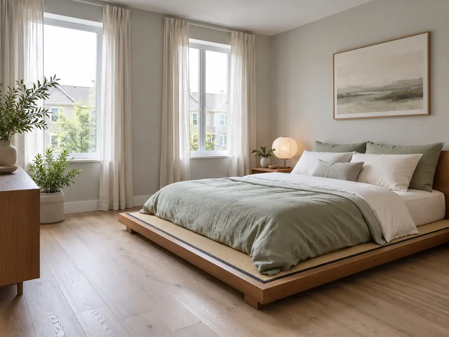 Illustrative AI concept: bedroom with soft grey walls, a low cedar-toned platform bed with a tatami-mat top, white and sage green linen bedding and pale linen curtains
