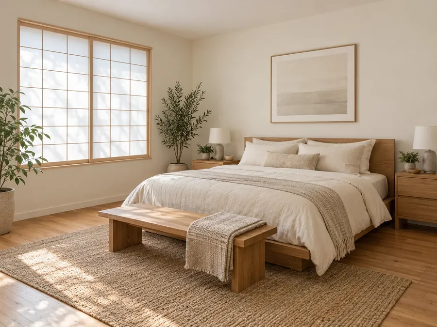 Illustrative AI concept: Japanese-style bedroom with translucent shoji-style panels in a pale wood grid over a wide window, a low oak bed, cream bedding and a jute rug