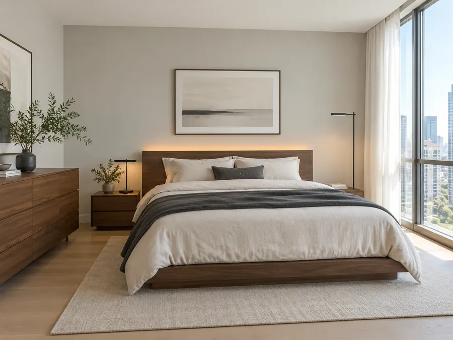 Illustrative AI concept: modern Japanese-style bedroom with soft grey walls, a low walnut bed with a softly lit headboard, warm white and charcoal bedding, a walnut chest and thin black lamps