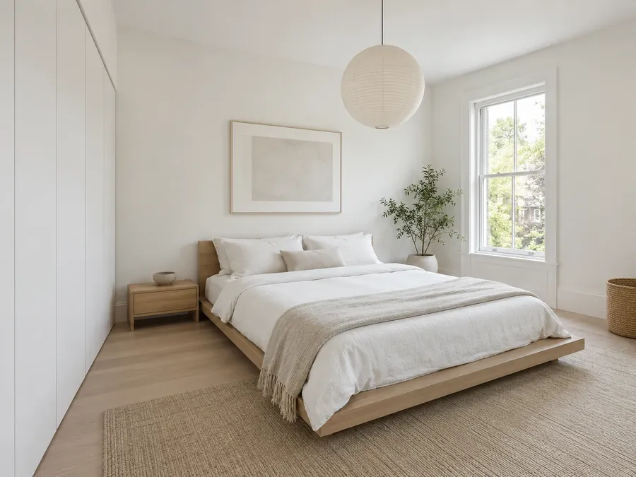 Illustrative AI concept: minimalist Japanese-style bedroom with white walls, a low ash bed, white linen bedding, a round paper pendant on a black cord and a flat-front white wardrobe