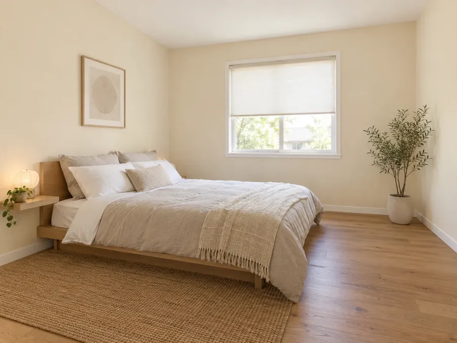 Illustrative AI concept: small Japanese-style bedroom with cream walls, a low oak bed against the wall, greige and white bedding, a narrow floating shelf and a paper-look window blind