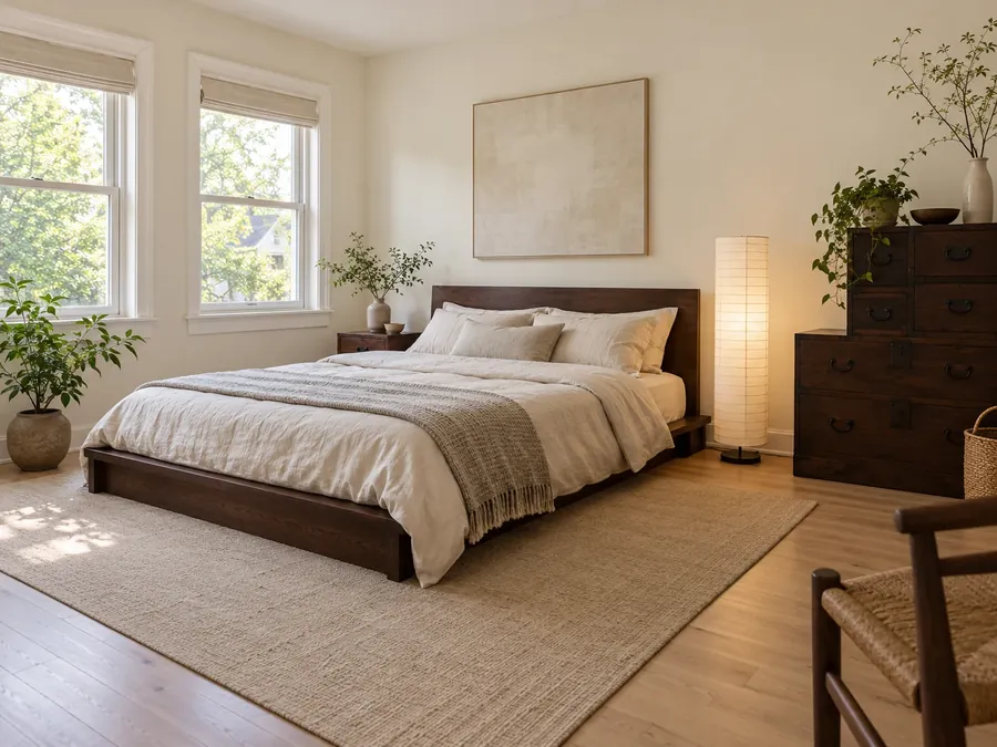 Illustrative AI concept: Japanese-style bedroom with warm white walls, a low dark-stained wood bed, a stepped tansu-style chest with black iron handles, cream bedding and a paper lantern