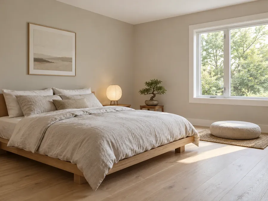 Illustrative AI concept: zen bedroom with greige walls, a low wooden bed in natural linen, a round floor cushion facing the window, a bonsai-style plant and a paper table lamp