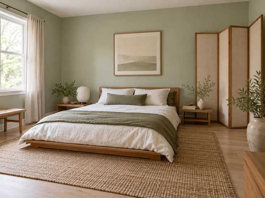 Illustrative AI concept: Japanese-inspired bedroom with sage green walls, a low cedar-toned wood bed, white and moss-green linen bedding, a folding linen screen and a rush rug
