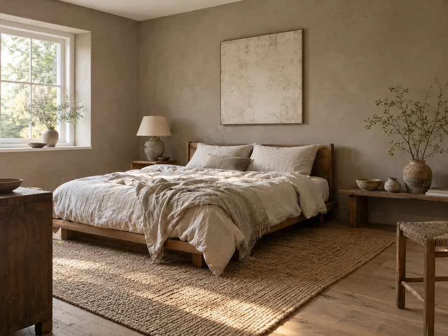 Illustrative AI concept: wabi-sabi bedroom with textured taupe plaster walls, a low wooden bed with rumpled oatmeal linen, an unglazed clay lamp and handmade ceramics on a low shelf