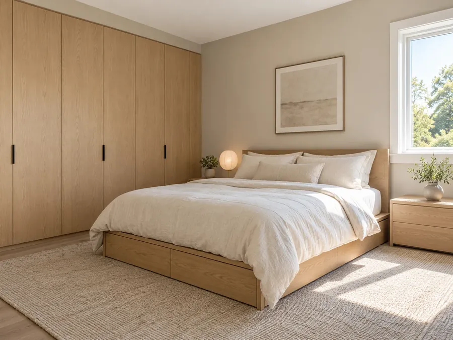 Illustrative AI concept: Japanese-style bedroom with greige walls, a row of pale oak flat-front wardrobes with thin black pulls, a low oak bed with drawers and a closed chest